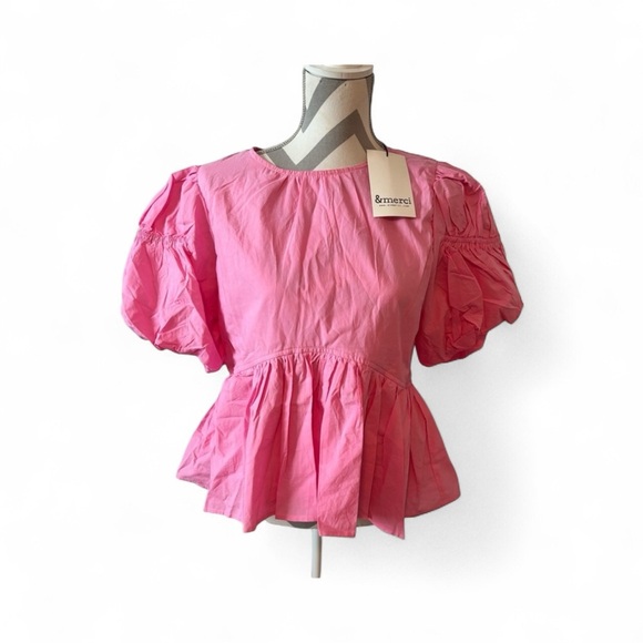 Womens &merci Pink Puff Sleeve Peplum Top - Picture 1 of 10